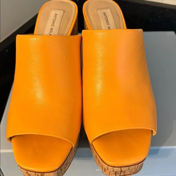*Antonio Melani SARAYYAA Pale Peach Orange Cork Open Toe Heels Chunky Platforms - Picture 6 of 16